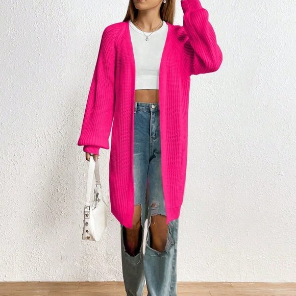 Pink Casual Womens Solid Raglan Sleeve Duster Cardigan - Picture 4 of 5